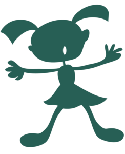 Silhouette of a cartoon character with pigtails.