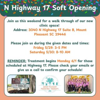 🎉 HIGHWAY 17 ⭐️

Join us this weekend for a chance to see our new clinic! Please join us for the allotted times: 

Friday 5/29 3-5 PM
Saturday 5/30 8-10 AM

See you there!