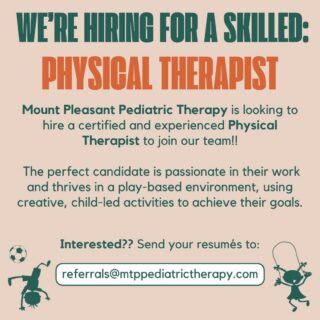 â
WEâRE HIRING âď¸
Mount Pleasant Pediatric Therapt is looking for a passionate and skilled Physical Therapist to join our team. If you love using creative, play-based therapy to help kids reach their full potential, we want to hear from you!
Send your resumĂŠ to referrals@mtppediatrictherapy.com or share this post with someone who would be a great fit!
#werehiring #physicaltherapist #pediatrictherapy
