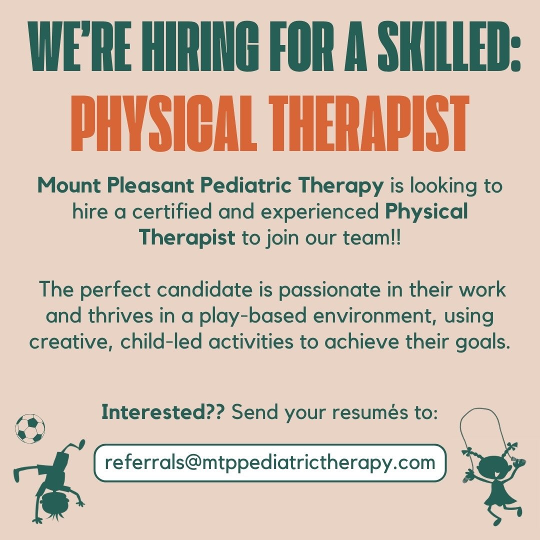 â
WEâRE HIRING âď¸
Mount Pleasant Pediatric Therapt is looking for a passionate and skilled Physical Therapist to join our team. If you love using creative, play-based therapy to help kids reach their full potential, we want to hear from you!
Send your resumĂŠ to referrals@mtppediatrictherapy.com or share this post with someone who would be a great fit!
#werehiring #physicaltherapist #pediatrictherapy