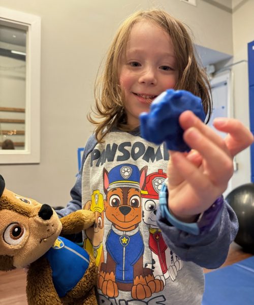 Child holding toy with Paw Patrol shirt.