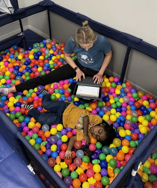 Child and adult in a ball pit.